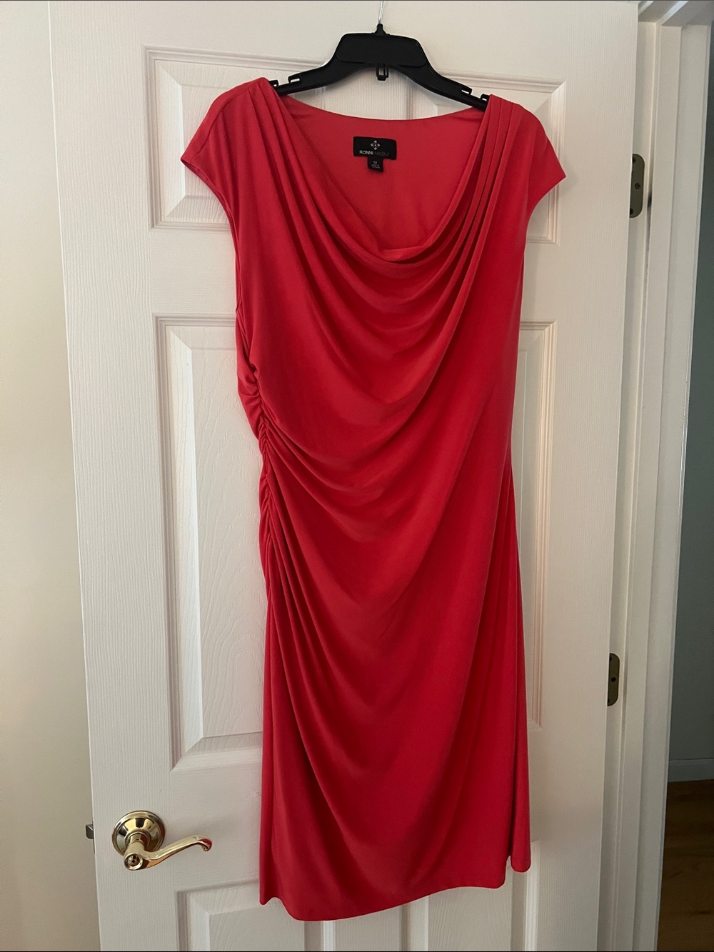 Ronni Nicole Coral Cowl Neck Midi Dress with Side Draping